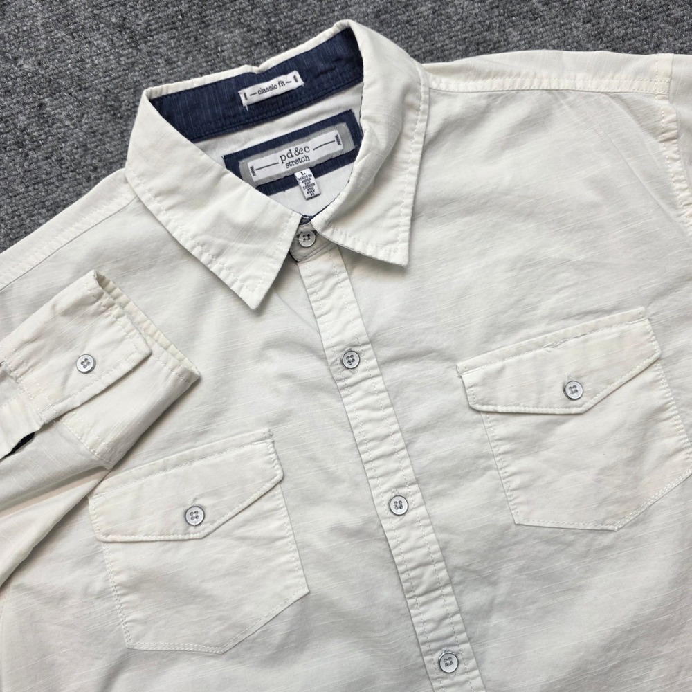 pd&c Stretch Men's Large Cream Off White Long Sleeve Button Down Shirt Classic